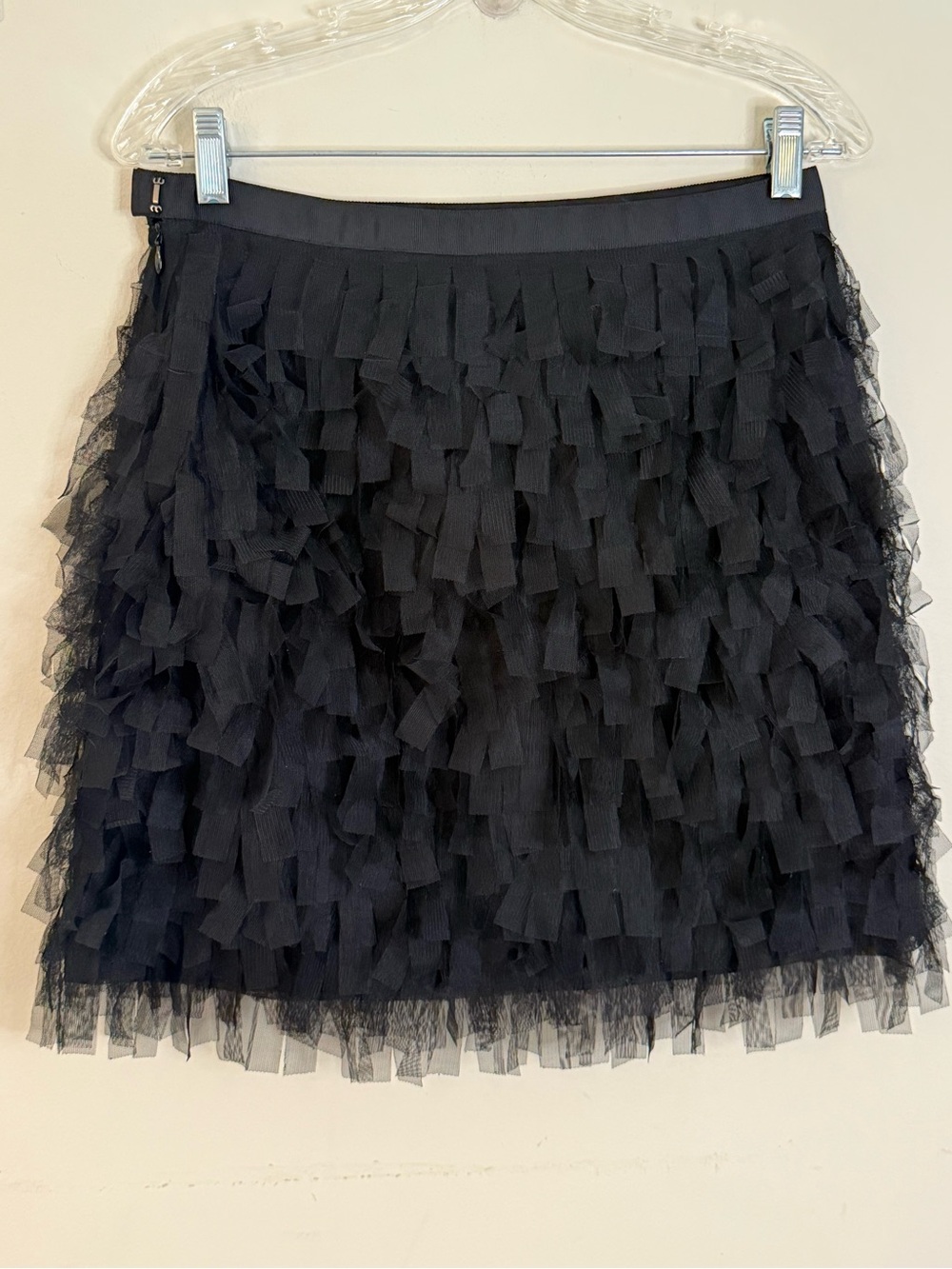 Loft black feathery mesh mini skirt side zipper SZ 2
